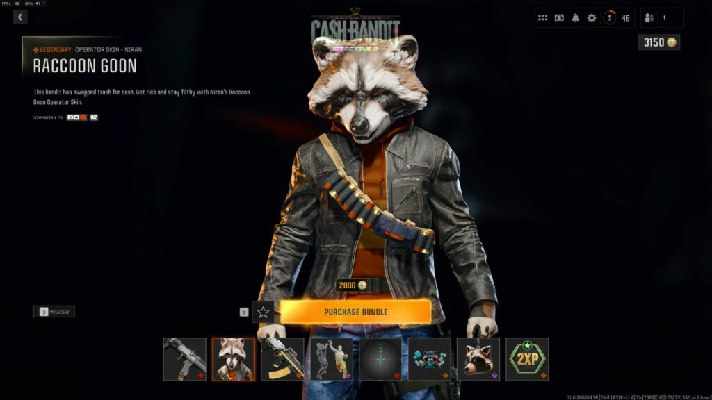 Steps to unlock Sirin 9mm early in Black Ops 6 and Warzone: acquire this potential secondary weapon today! Image showing Raccoon Goon operator skin and other items in Cash Bandit tracer pack from Black Ops 6