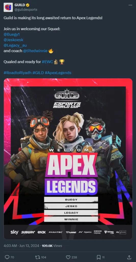 Guild Esports' Apex Legends roster announcement.